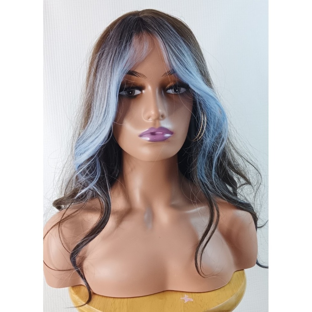 Women's Wavy Long synthetic medium brown W/ Blue Highlights hair wig 27"